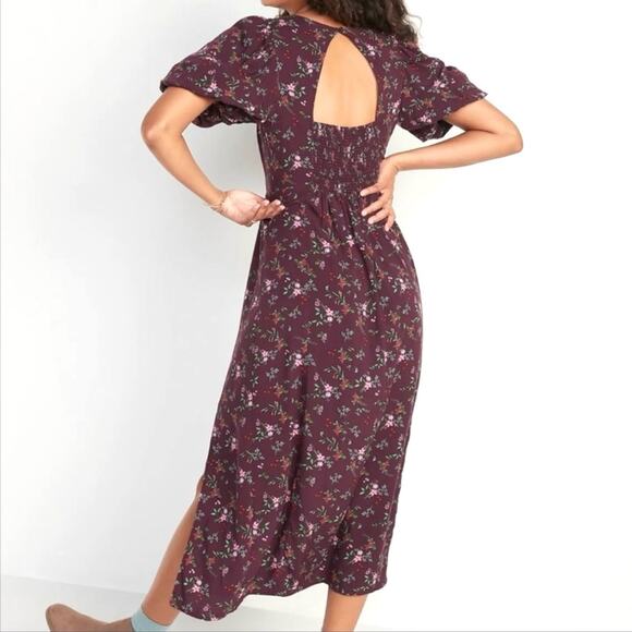 Old Navy Maxi Dress Purple Plum Floral Short Puff Sleeve Shift Dress Medium NEW - Picture 6 of 12
